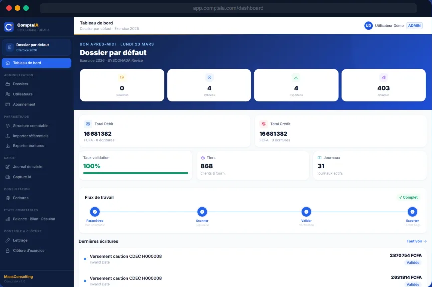 ComptaIA — tableau de bord comptable SYSCOHADA