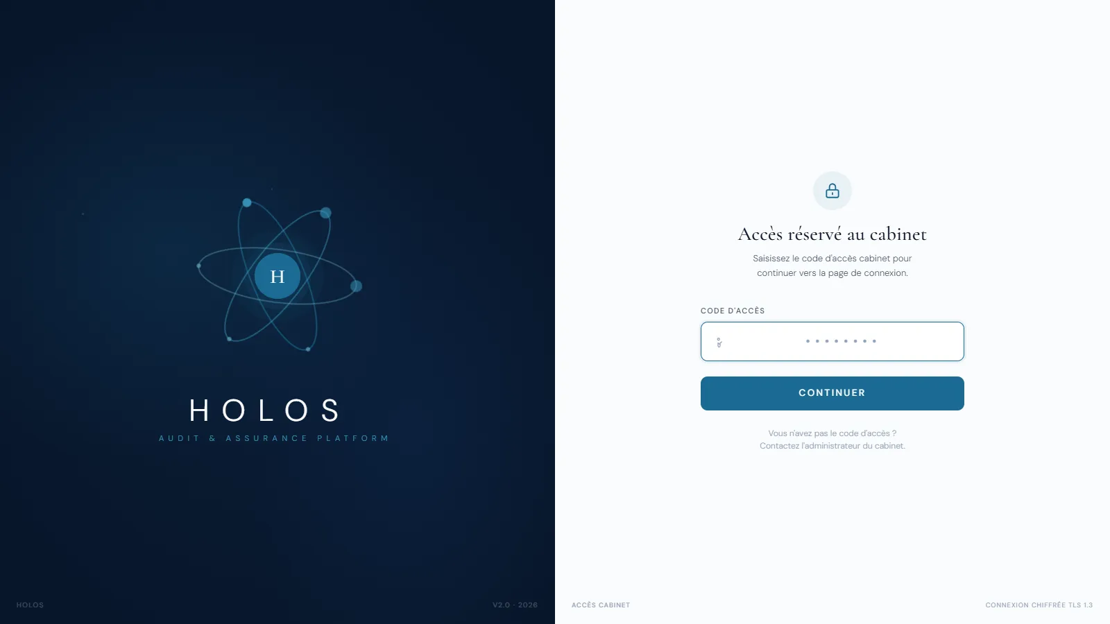 HOLOS — écran de connexion de la plateforme d’audit